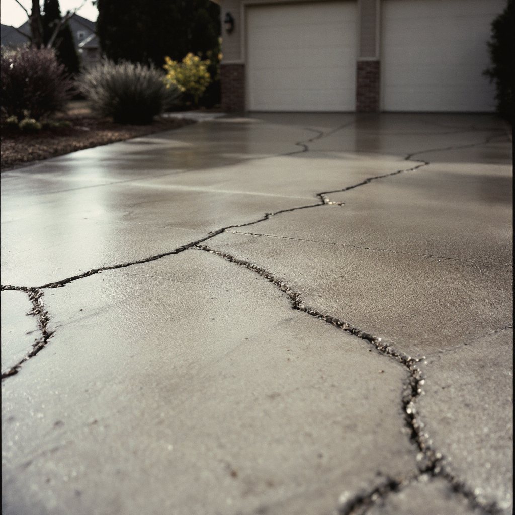 New broom-finished concrete driveway with clean saw-cut joints