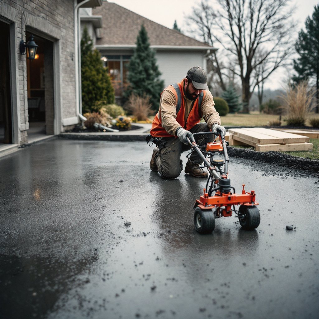 Concrete finisher screeding a fresh driveway pour at a Fishers home