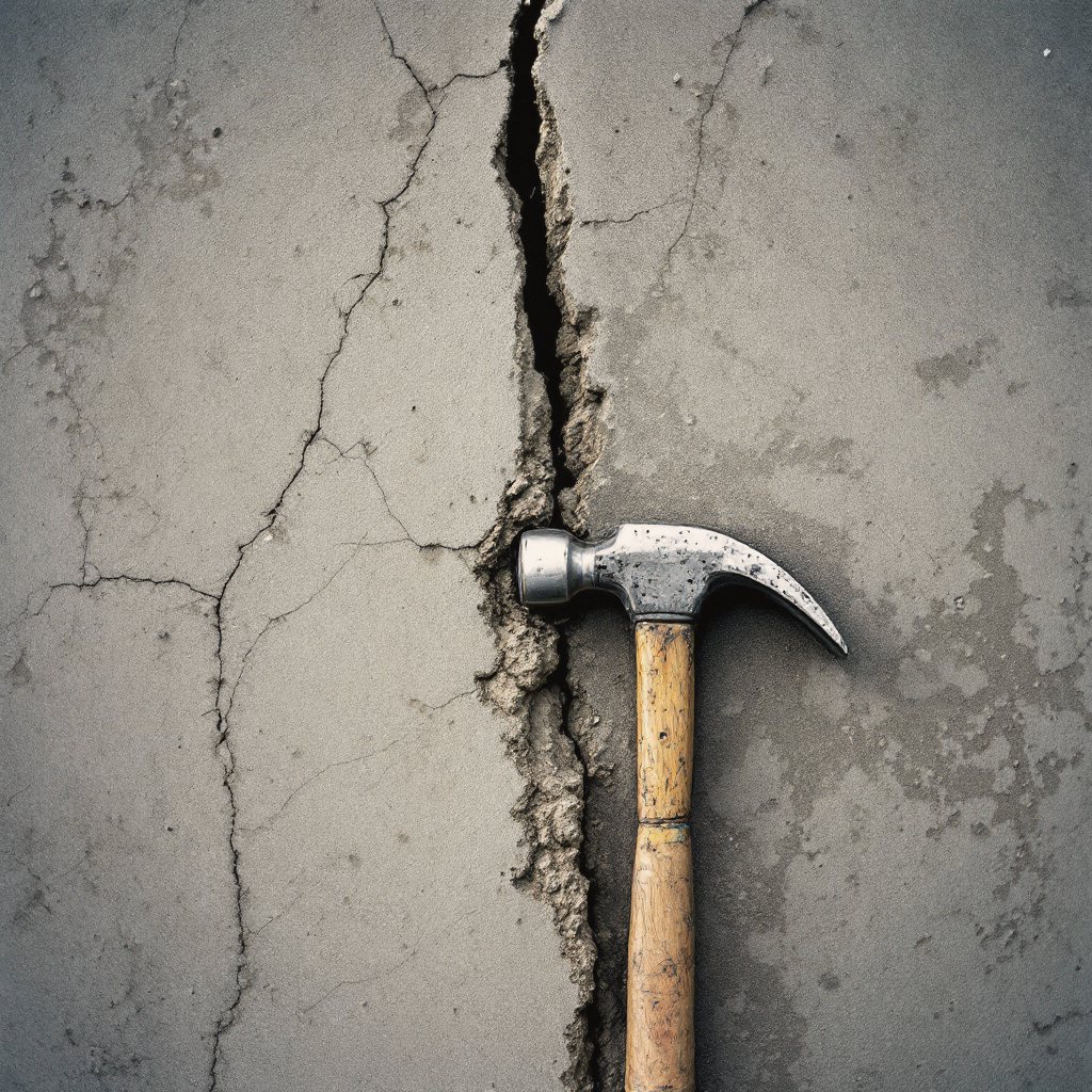 Cracked heaved concrete panel beside demolition tools